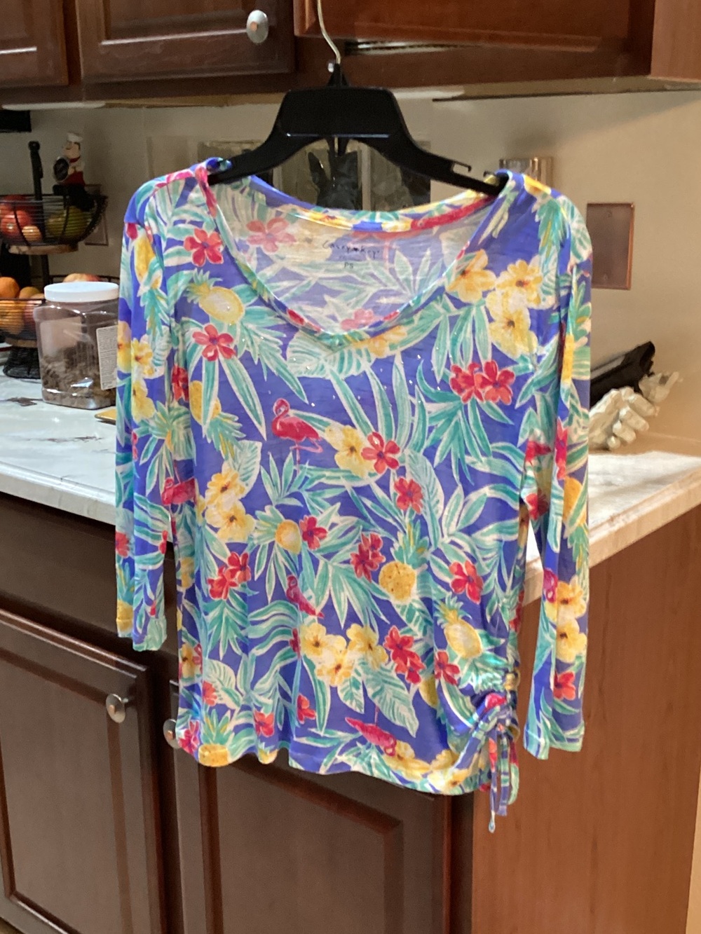 Floral Purple Long-Sleeve V-Neck Top with Side Ruched Detail